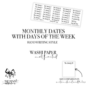 Monthly Dates with DOTW - Handwriting Style - Washi Paper