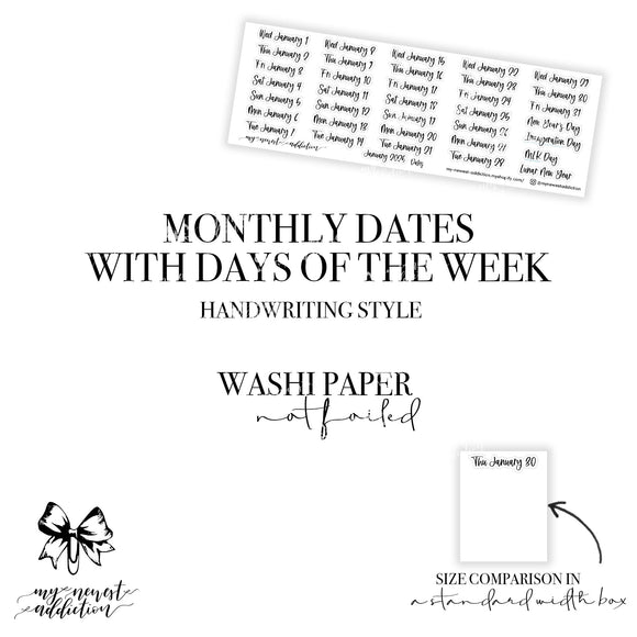 Monthly Dates with DOTW - Handwriting Style - Washi Paper